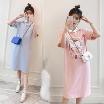 Pregnant woman summer clothing blouse 2021 new turned collar short sleeve pure cotton one-piece dress with long loose summer T-shirt dress