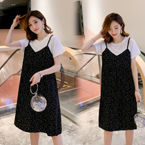 Pregnancy Woman Dress Summer Clothing Wave Spicy Mother Fashion Splicing Fake two pieces Cut Flowers Minus clothing Dress Foreign Air Mesh Red Dress Summer