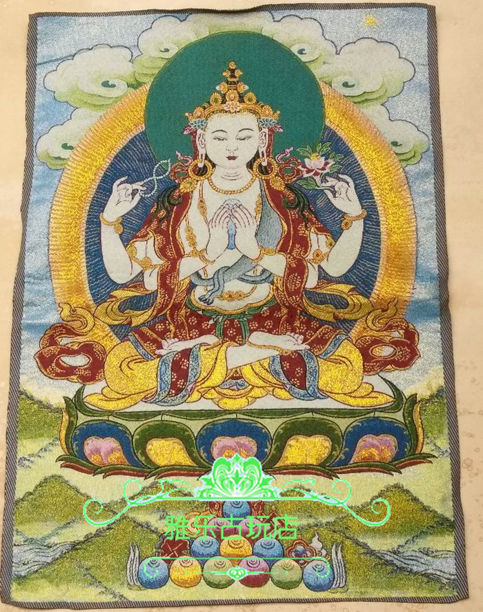 Tibet Nepal Donka Portrait Brocade Silk Embroidered silk embroidered with four arms Guanyin Tangka embroidery