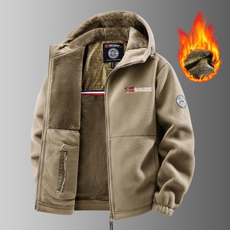 New Autumn and Winter Men's Hooded Polar Fleece Jacket, Fleece-Lined, Thickened, Warm Fleece Jacket, Men's Top