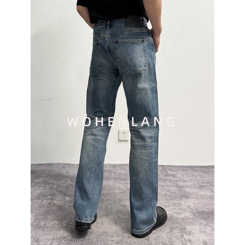 【Kanglong Fabric】15-Ounce Micro-Elastic Snowflake Pattern 501 Light Blue Whiskered Straight-Leg Jeans
