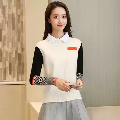 Spring dress 2021 new fake two-piece coat ladies sweater long sleeve loose Korean base sweater coat autumn