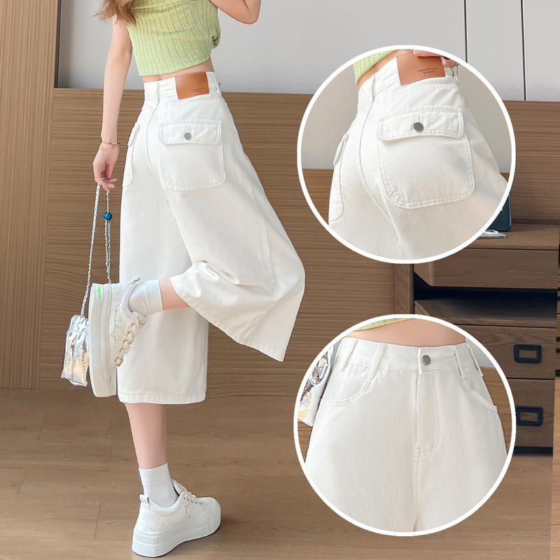 White Cropped Denim Shorts for Women, 2026 Summer Thin Style, Loose and Drapey, Covers the Body, Suitable for Petite Figures, 7/8 Length, Above the Knee White Cropped Denim Shorts for Women, 2026 Summer Thin Style, Loose and Drapey, Covers the Body, Suitable for Petite Figures, 7/8 Length, Above the Knee