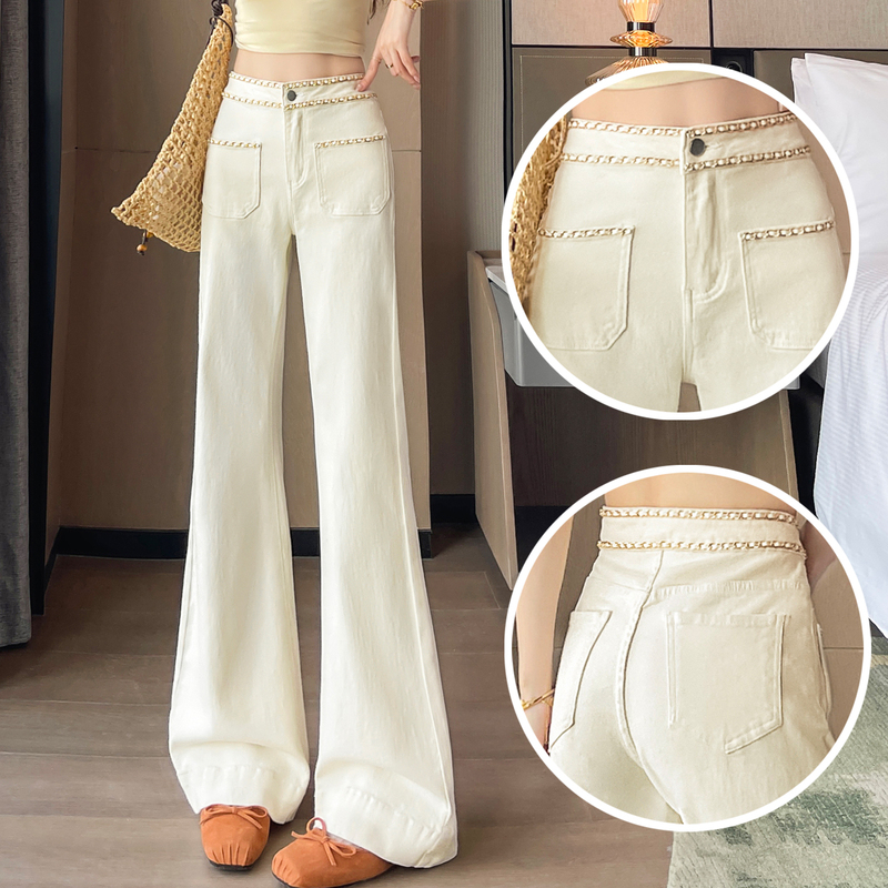 Chanel-Style Off-White Flared Jeans for Women, 2026 Summer New Model with Chain Woven Design Chanel-Style Off-White Flared Jeans for Women, 2026 Summer New Model with Chain Woven Design