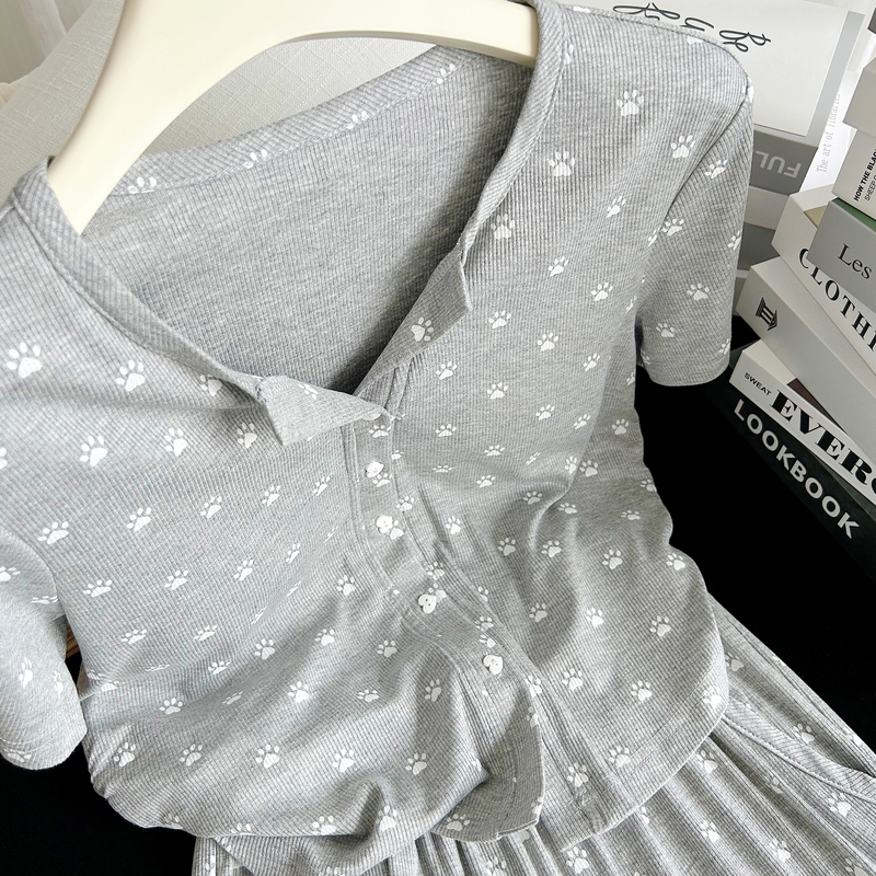 Cute Knitted Pajamas with Chest Pads for Women, Summer Soft and Skin-Friendly, Small Open Collar, Short-Sleeved Long Pants Set, Loungewear 6090