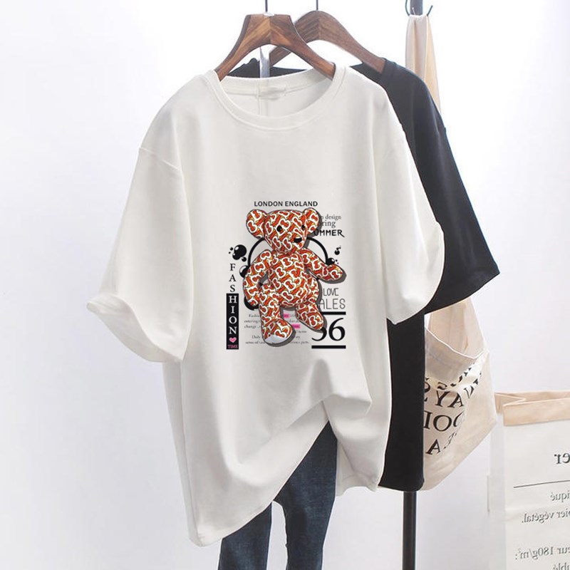 Official real price cotton 2021 summer new round neck loose cartoon print short sleeve T-shirt for women