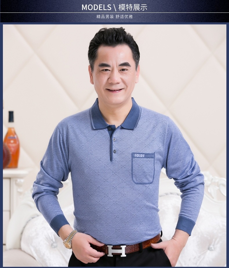Đàn ông trung niên áo thun dài tay rộng kích thước lớn bố mùa xuân ve áo dài tay trung niên POLO áo bố áo thun nam có cổ hàng hiệu
