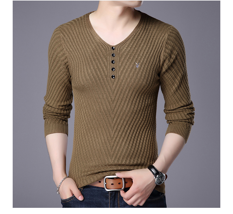 Ưu đãi đặc biệt cho nam giới áo thun dài tay áo len cổ chữ V cổ trái tim chạm đáy áo sơ mi nam xu hướng áo len mỏng - Áo len áo len dệt kim mỏng
