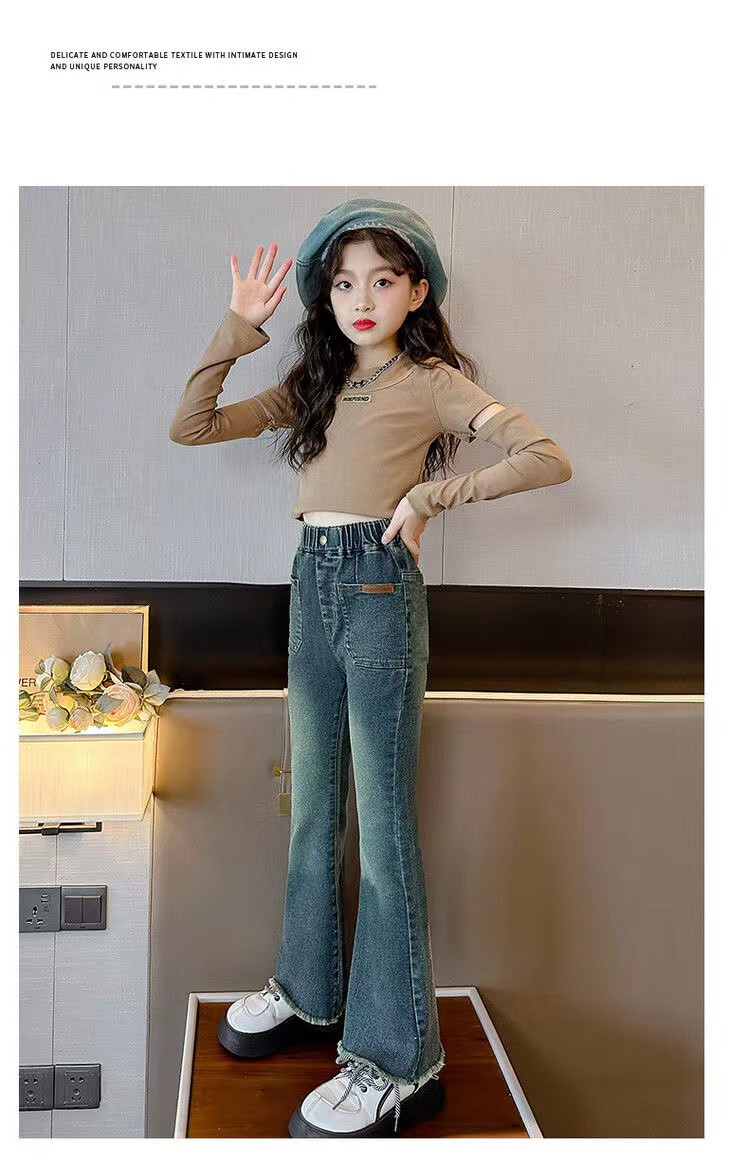 Джинсы детские 女童牛仔裤春秋新款喇叭裤时尚童装宝宝长裤儿童秋冬加绒微喇裤子