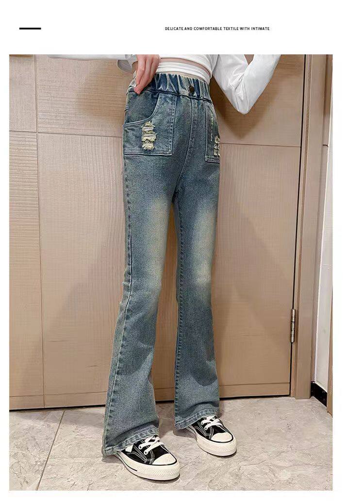 Джинсы детские 女童喇叭裤秋冬新款儿童加绒牛仔裤韩版洋气中大童时尚显瘦微喇裤