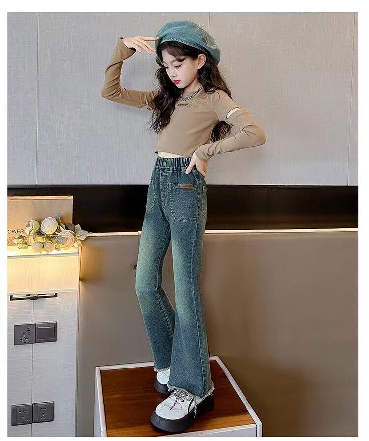 Джинсы детские 女童牛仔裤春秋新款喇叭裤时尚童装宝宝长裤儿童秋冬加绒微喇裤子