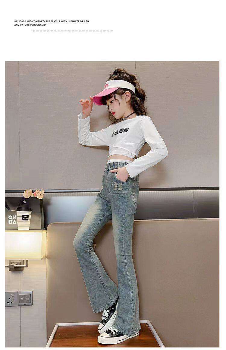 Джинсы детские 女童喇叭裤秋冬新款儿童加绒牛仔裤韩版洋气中大童时尚显瘦微喇裤