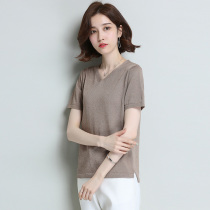 Lady short sleeve 2021 New short tweet T-shirt Summer thin Ice Silk Knit Compassionate Loose 100 Lap V Collar Blouse