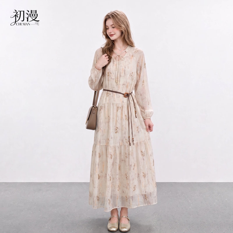 Cm Chuman Floral Dress for Women Autumn 2026 New French Country Style Lace-Up Waist Slimming Long Sleeve Dress