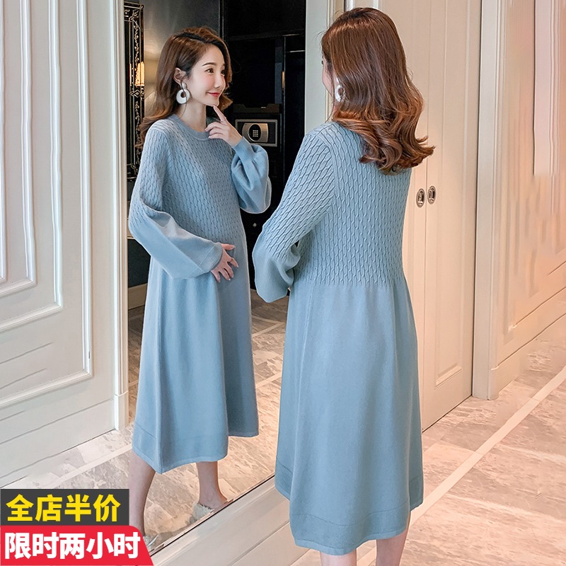 Net Red Gestational Woman Dress 2021 Fall New Fashion Big Size Loose long sleeves Knitted Foreign Dress Ocean Pie-less autumn and winter