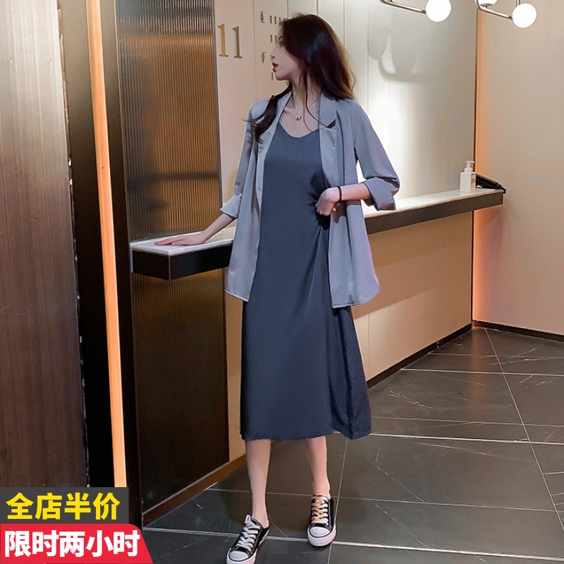 Autumn Winter Gestation Women Dress Two Sets 2021 Fall Net Red Small Suit Jacket Hitch Long Version Harness Foreign Dress Suit