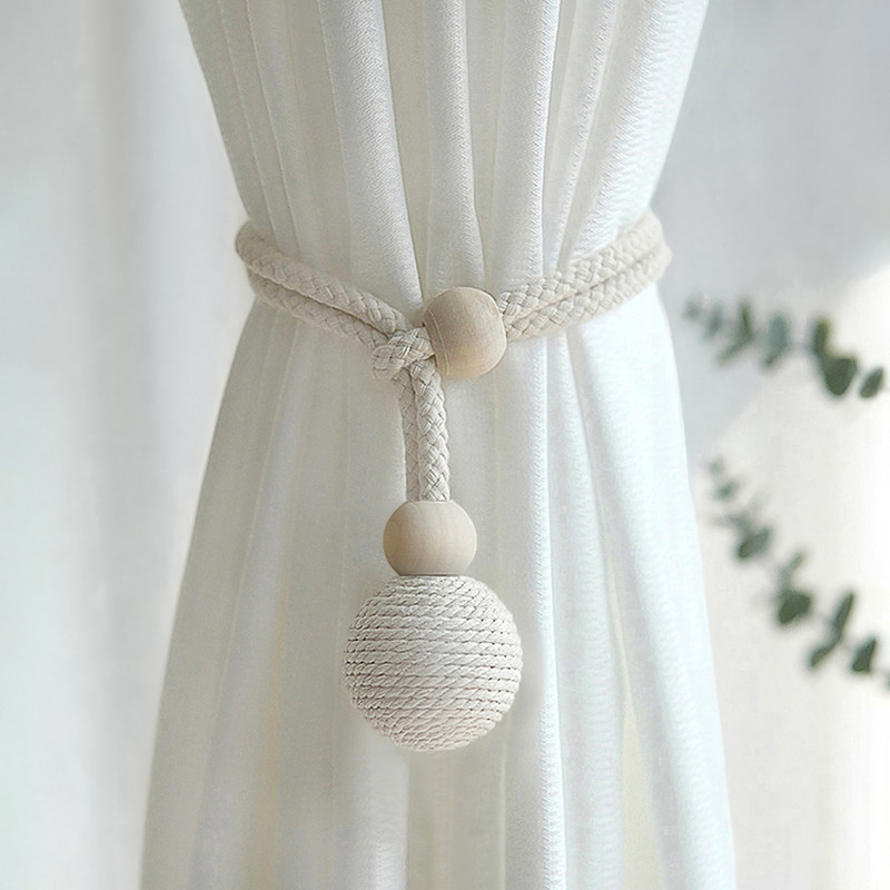 新しい綿ロープカーテン結束ストラップ、吊り下げボール装飾付き、白いガーゼカーテン結婚式装飾結束ロープ、留めバックル付き