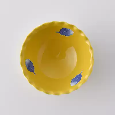 Spot Japanese imported Yaki yellow glaze blue leaf lace Bowl Bowl ceramic rice bowl soup bowl dessert salad bowl