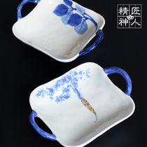 Spot (two pieces)Japan imported Arita Yaki Hasami hand-painted vegetable grain double ear plate blue and white bowl gift box