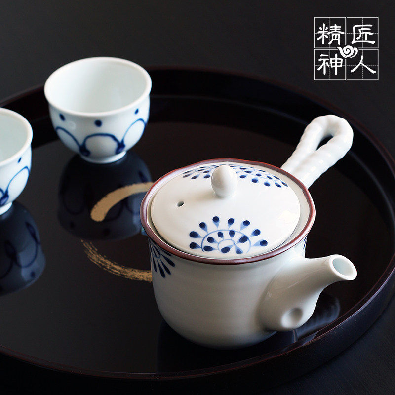 Spot Japan imports hand-painted blue and white tangcao side handle urgent beard horizontal hand ceramic teapot built-in filter screen