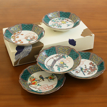 Spot Japan imported Kutani-yaki painted flower and bird plate set Octagonal plate plate gift box tableware newlywed greenhouse