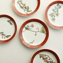 Spot Japan imported Kutani-yaki hand-painted plant disc flat plate Japanese flower tableware red plate set