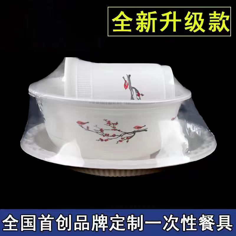 Hotel-Use Household Combination Tableware, Food-Grade Packaging, Four-Piece Disposable Tableware Set, Commercial Cups, Bowls, Plates, Spoons, Environmentally Friendly