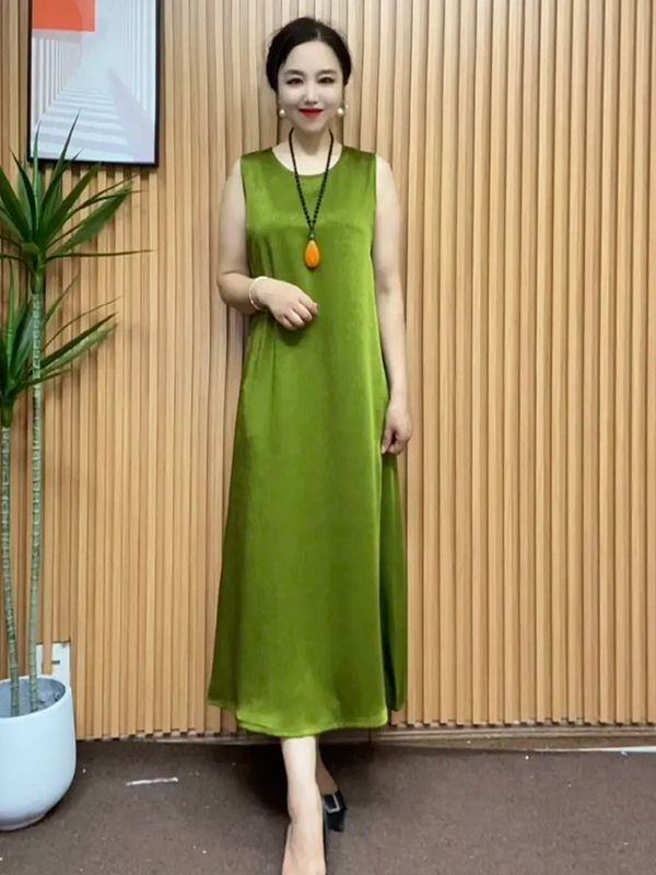 2024 Summer New Round-Neck Tank Dress, Fashionable Solid Color, Elegant, Loose Fit, Plus Size, Body-Covering, Sleeveless Base Dress