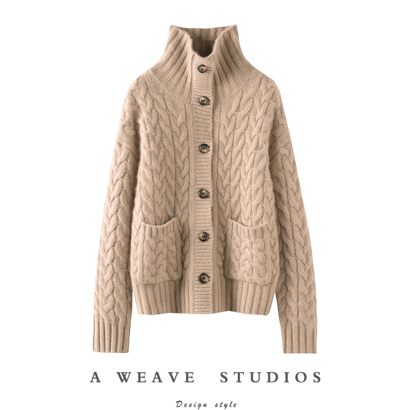 Elegant and Stylish ~ 100% Cashmere Urban Light Luxury Commuter Cable Knit Stand Collar Cardigan Sweater Coat