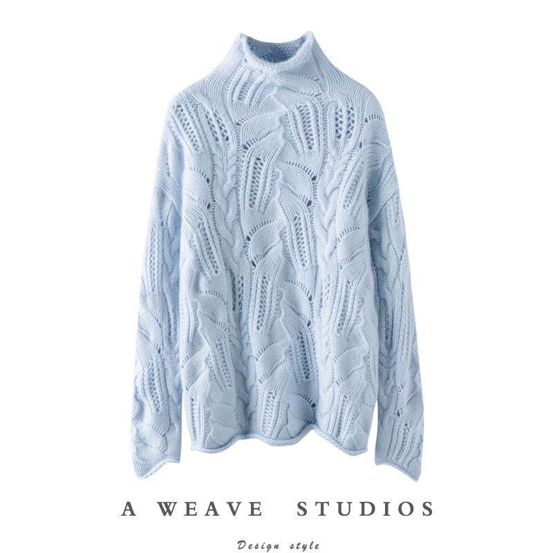 Gentle and Stylish Temperament ~ 100% Pure Cashmere Sweater for Women, Hollow-Out Autumn and Winter Half-High Collar Fashionable Solid Color Knitwear