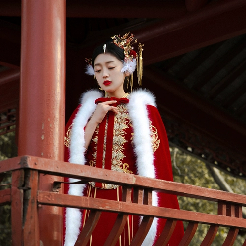 Плащ для невесты, зимняя накидка, удерживающее тепло красное ханьфу, куртка, китайский стиль