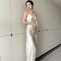 Mywayy Acetate robe Dress High-end satin Importé Acetate pendentif with superior Sensation Slim Temperament U Collar Long Skirt