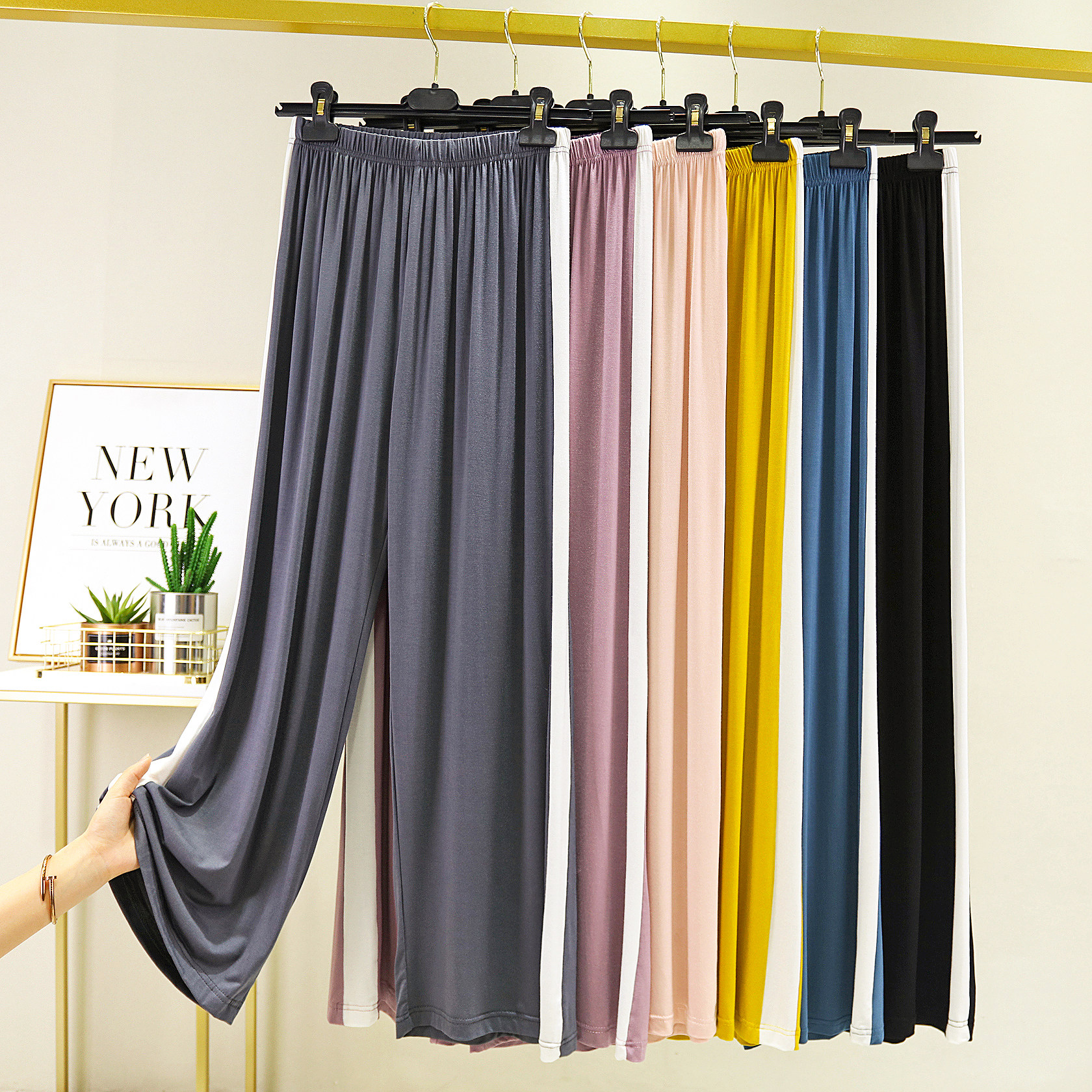 Modal wide-leg pants women's summer loose thin section side white stripe outside wear large size all-match vertical straight casual sports pants