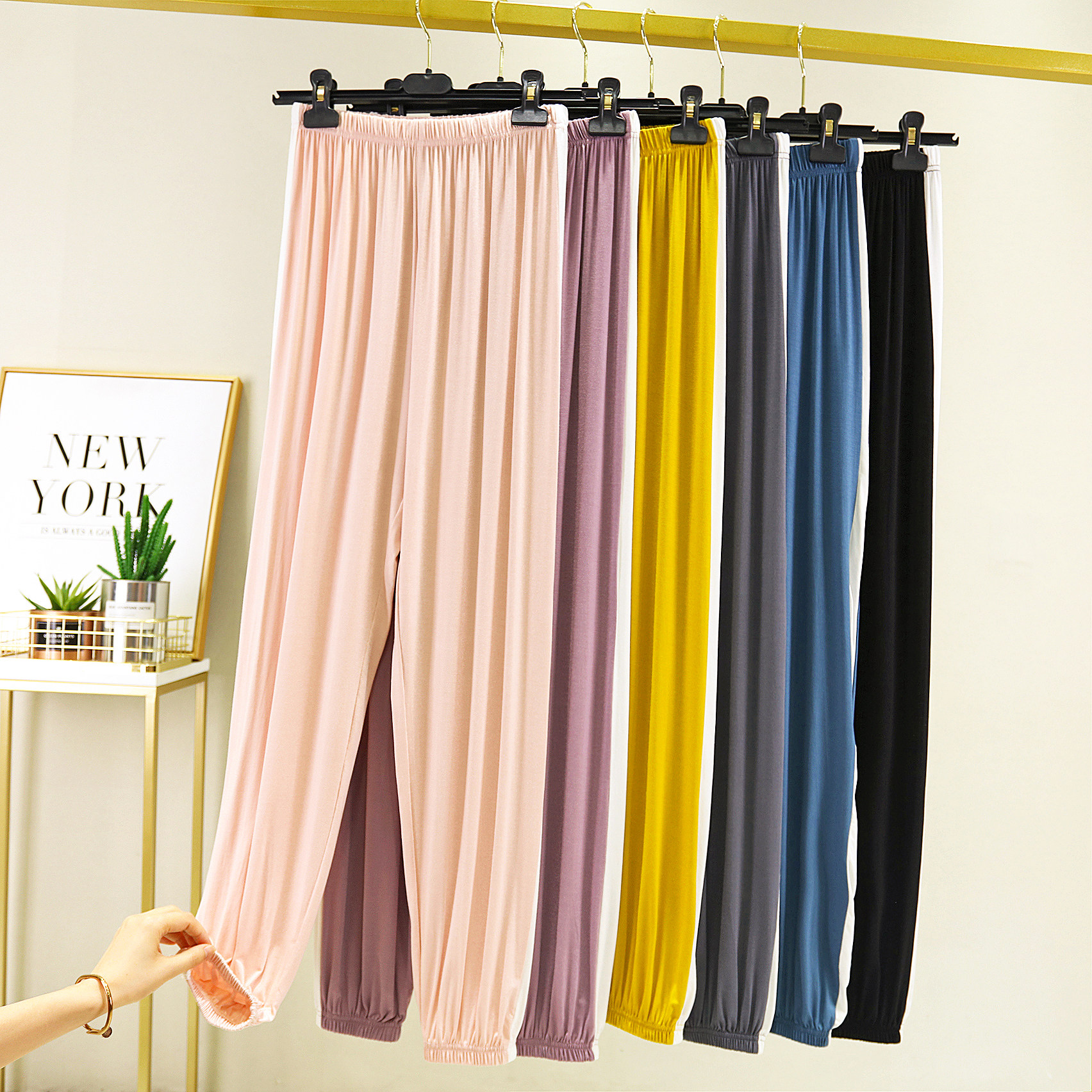 Modal outerwear casual sports pants women's thin section white striped trousers high waist hanging large size anti-mosquito pants