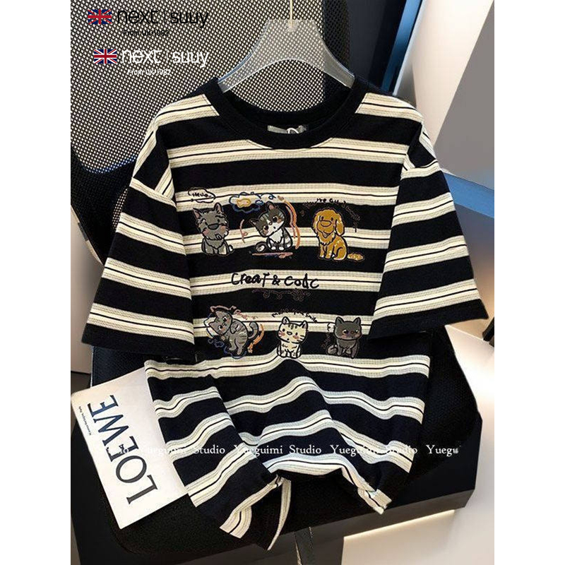 Next Suuy Uk Collaboration Striped Cartoon Short-Sleeve T-Shirt for Women, Plus Size, Loose Fit, Slimming Half-Sleeve Top