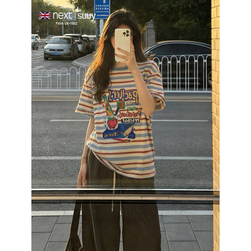 Next Suuy Uk Collaboration Striped Color-Block Short-Sleeve T-Shirt for Women, Summer Korean Round Neck Loose Casual Half-Sleeve Top