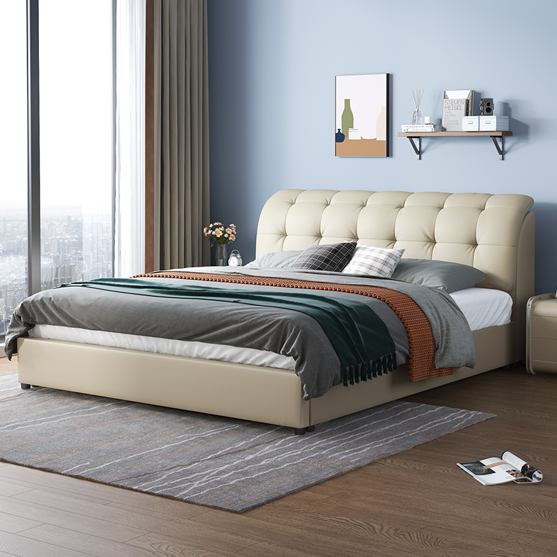 Nordic genuine leather bed modern minimalist tatami bed 1 8 small family type soft bag main sleeper wedding bed storage double bed