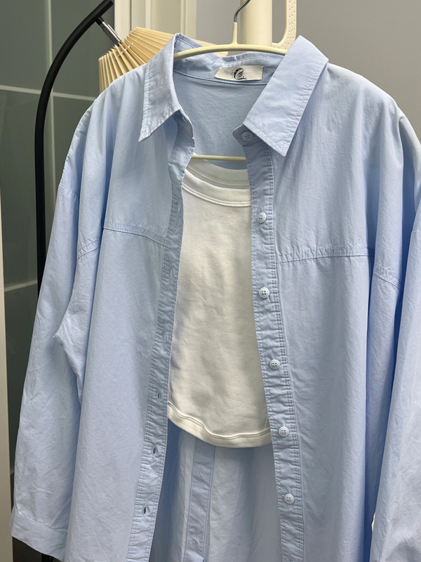 Layered Blue Pure Cotton Long-Sleeved Shirt for Women, Autumn 2026 New Style Shirt, Pink Inner Layer, Loose Top Jacket