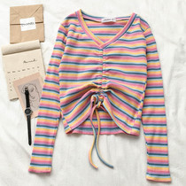 2022 Elegant Rainbow Stripe Tight Female Short Drawstring V-neck Knit New Early Autumn Thin Top