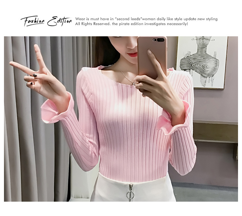Mùa xuân và mùa thu mới Áo dài tay mỏng Slim Joker Trumpet Tay áo Học sinh Áo rời của phụ nữ Áo dệt kim đan đáy áo kiểu nữ hàn quốc cao cấp
