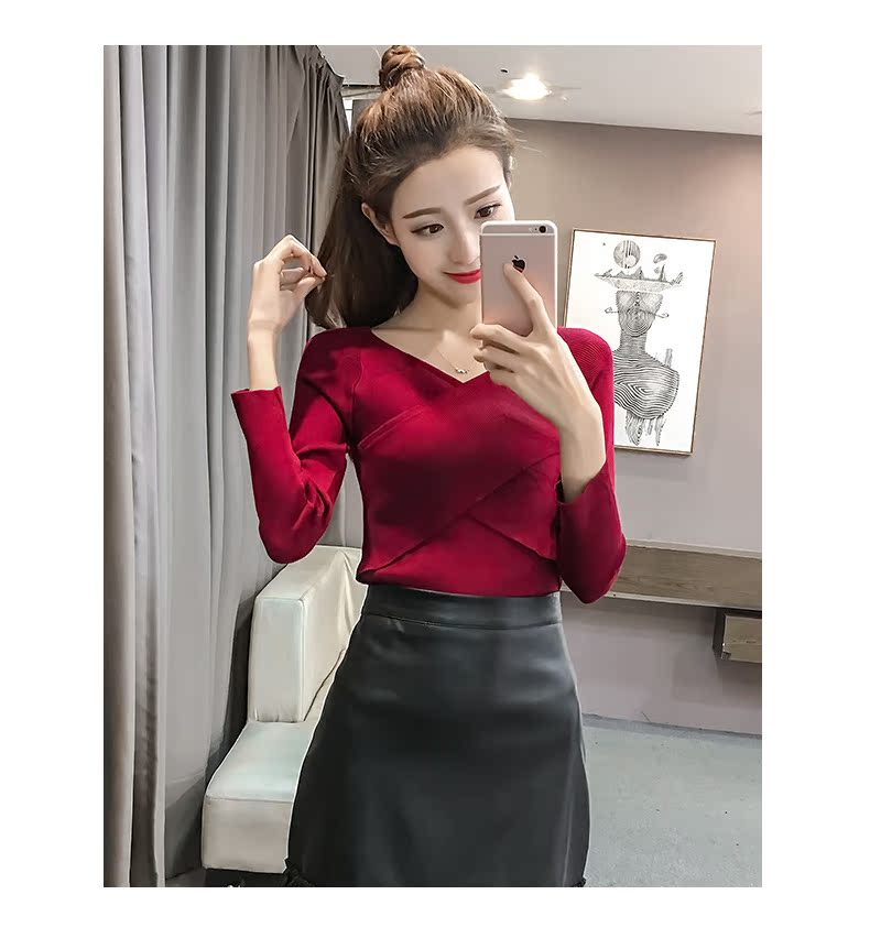 Áo len lụa nữ dài tay 2019 mùa thu mới chic port rượu v cổ ngắn màu đen rắn áo khoác len