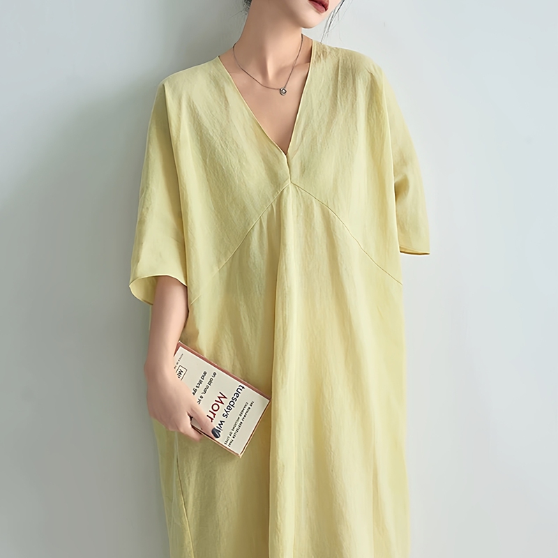 2026 Summer New Style Relaxed Linen Dress for Women, Cocoon-Shaped Loose Fit, Slimming V-Neck Short-Sleeved Elegant Long Dress