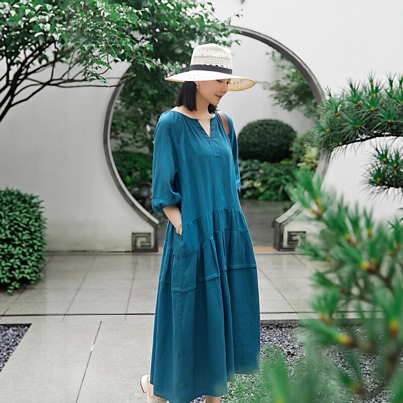 2026 Spring New Artistic V-Neck Three-Quarter Sleeve Cotton Linen Dress Women's Loose Mid-Length Blue Elegant Long Dress 2026 Spring New Artistic V-Neck Three-Quarter Sleeve Cotton Linen Dress Women's Loose Mid-Length Blue Elegant Long Dress