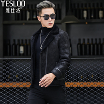 Mens winter warm sheepskin fur one-piece short motorcycle leather jacket Haining leather leather jacket