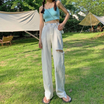 High-waisted white ripped jeans womens summer thin straight loose 2021 new thin-legged wide-legged trousers