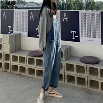 2020 popular denim bib pants female nine points Korean version loose thin student small man age reduction wild autumn outfit