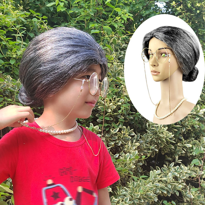 Grandma Costume Wig with Glasses and Necklace, Elderly Woman Activity Props Wig, Children's Day Role Play Grandma