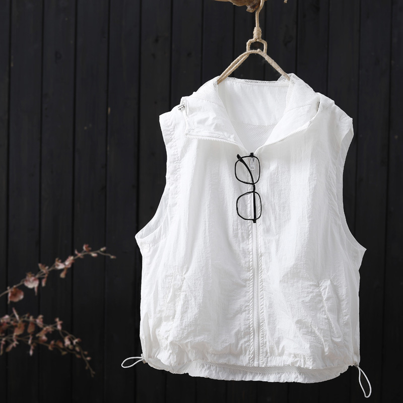 Summer 2026 New Style Hooded Sleeveless Solid Color Vest Sun Protection Clothing for Women, Fashionable Casual Outdoor Sleeveless Top for Women