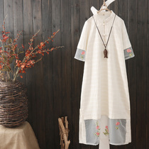 Original vintage Chinese cotton linen dress womens short sleeves ethnic tea dress buckle embroidered mesh gauze summer dress