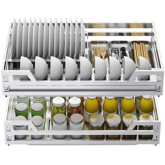 Diminilla basket kitchen cabinet double-layer drawer-type dish rack stainless steel kitchen cabinet pull-out dish basket storage